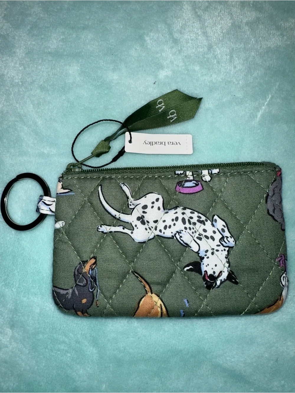 Vera Bradley Olive Green Floral Dog Park Print ID Zip Keychain Wallet-NWT